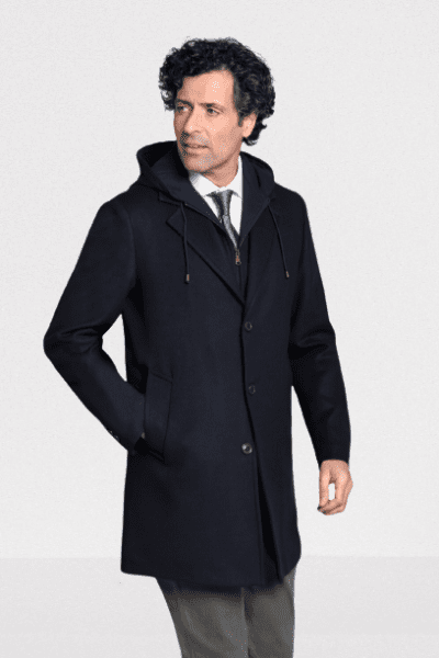 Abrigo con capucha en paño azul marino