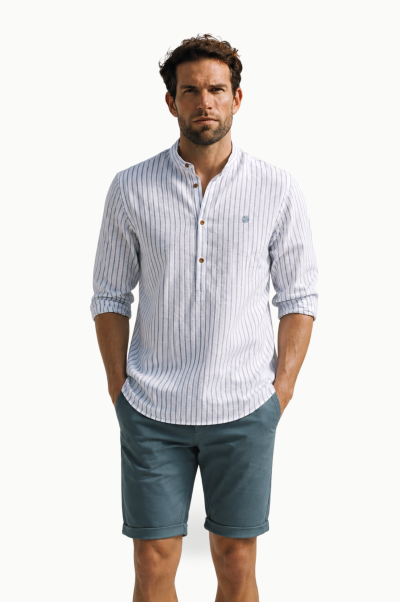Camisa Polera Cuello Mao Blanca Rayas Azules Urban Button
