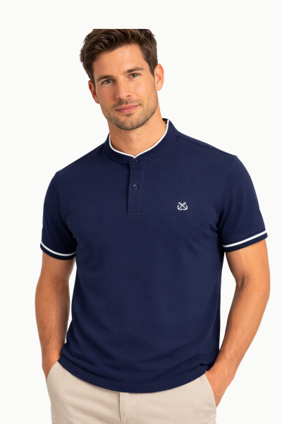 Polo cuello mao hombre algodón azul marino