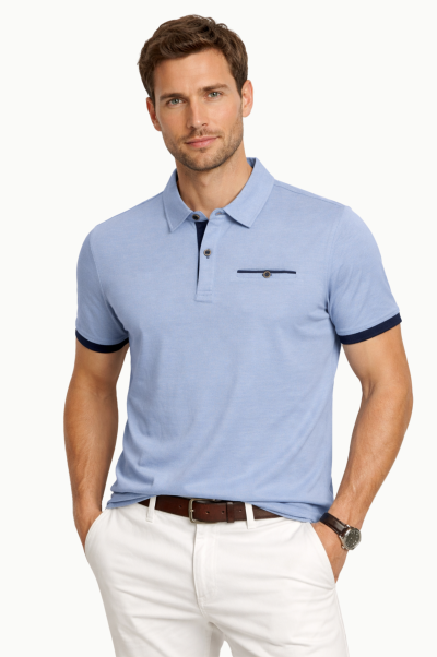 Polo Hombre Azul Celeste Algodón 100% con Cuello Camisero y Bolsillo