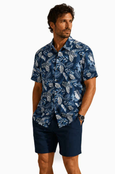 Camisa manga corta Regular Azul Marino Estampado Hojas