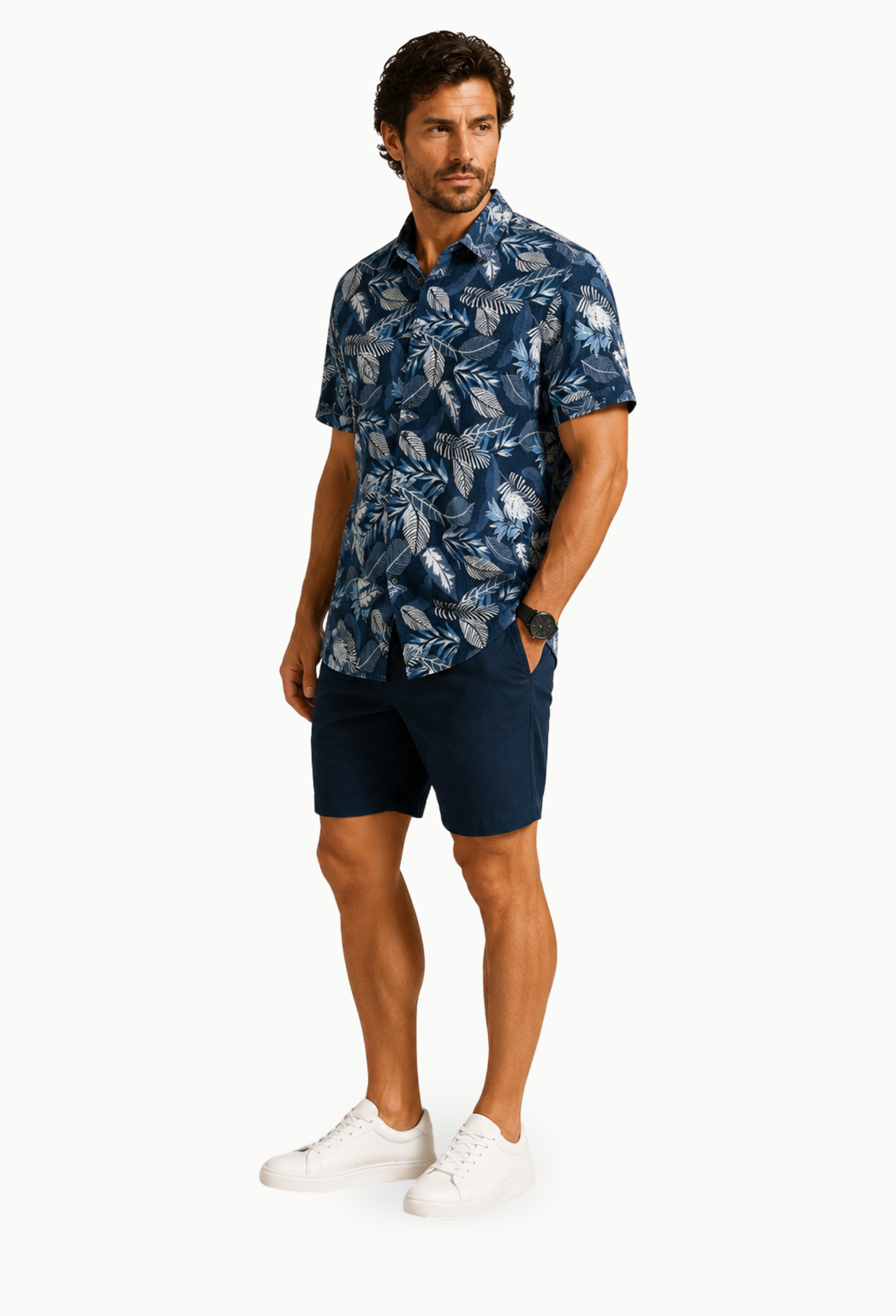 Camisa manga corta Regular Azul Marino Estampado Hojas - Imagen 4