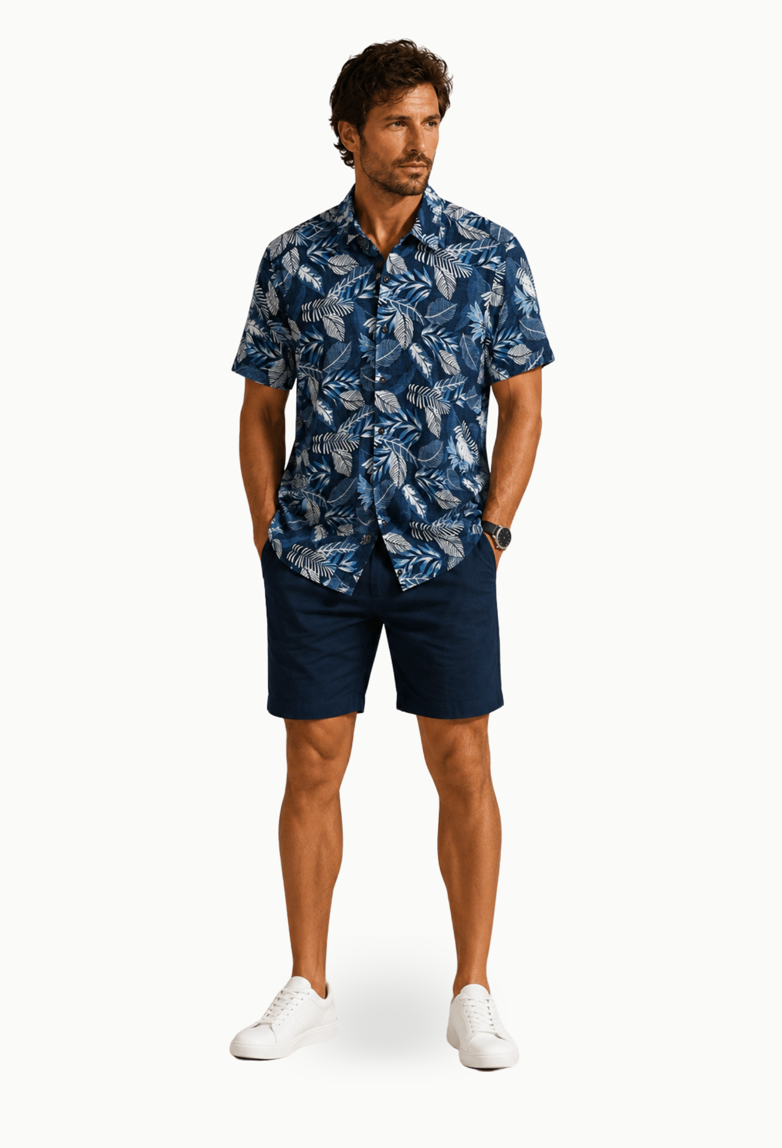 Camisa manga corta Regular Azul Marino Estampado Hojas - Imagen 3