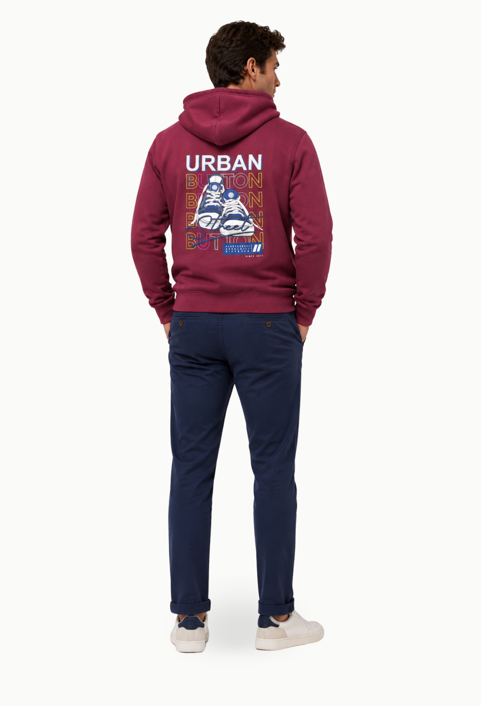 Sudadera Urban Button Hombre Burdeos con Capucha y Estampado Trasero - Imagen 4