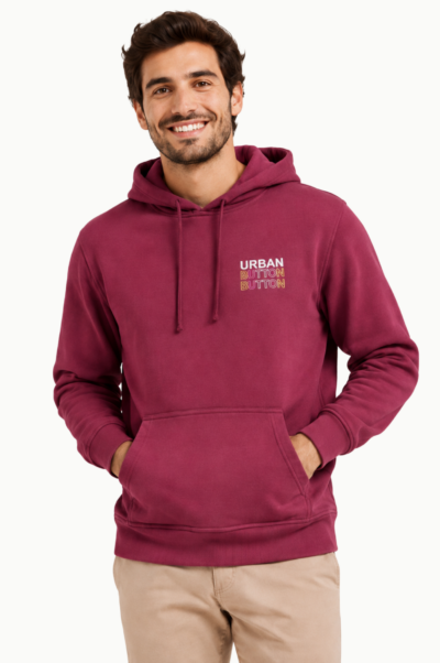 Sudadera Urban Button Hombre Burdeos con Capucha y Estampado Trasero