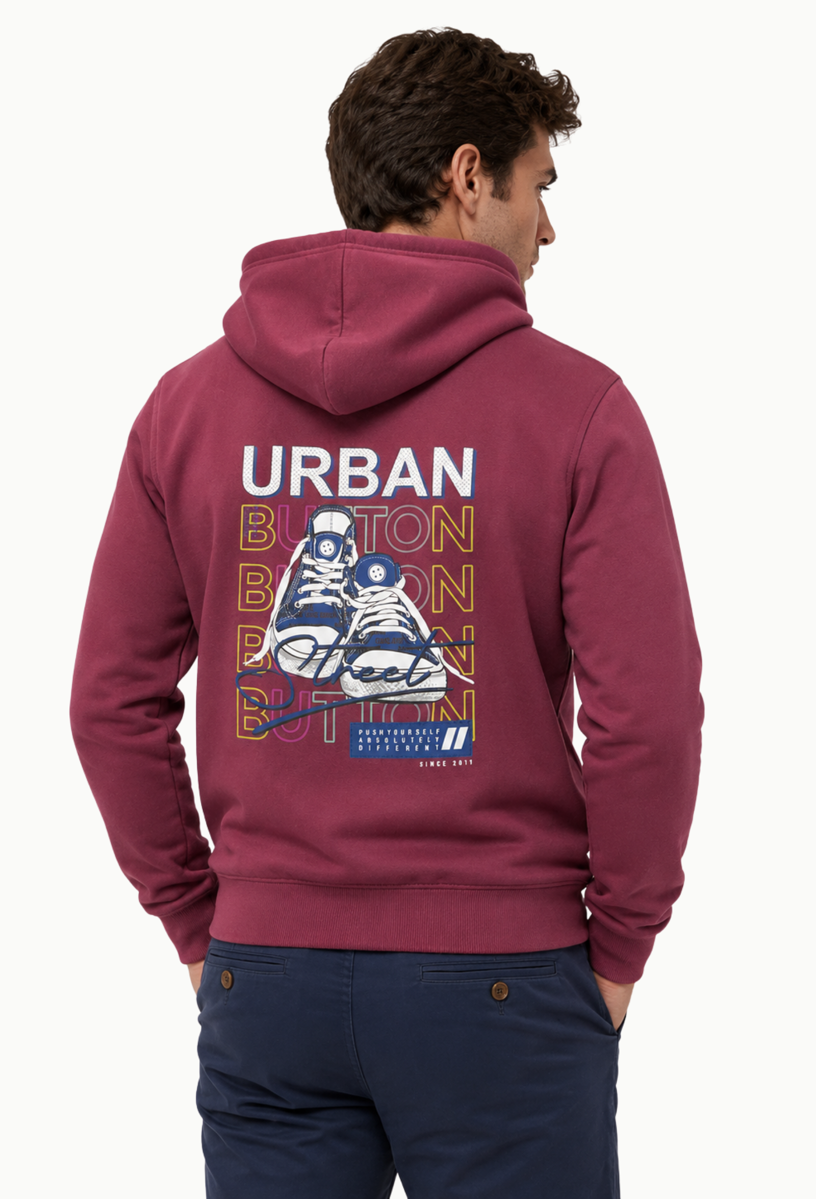 Sudadera Urban Button Hombre Burdeos con Capucha y Estampado Trasero - Imagen 3