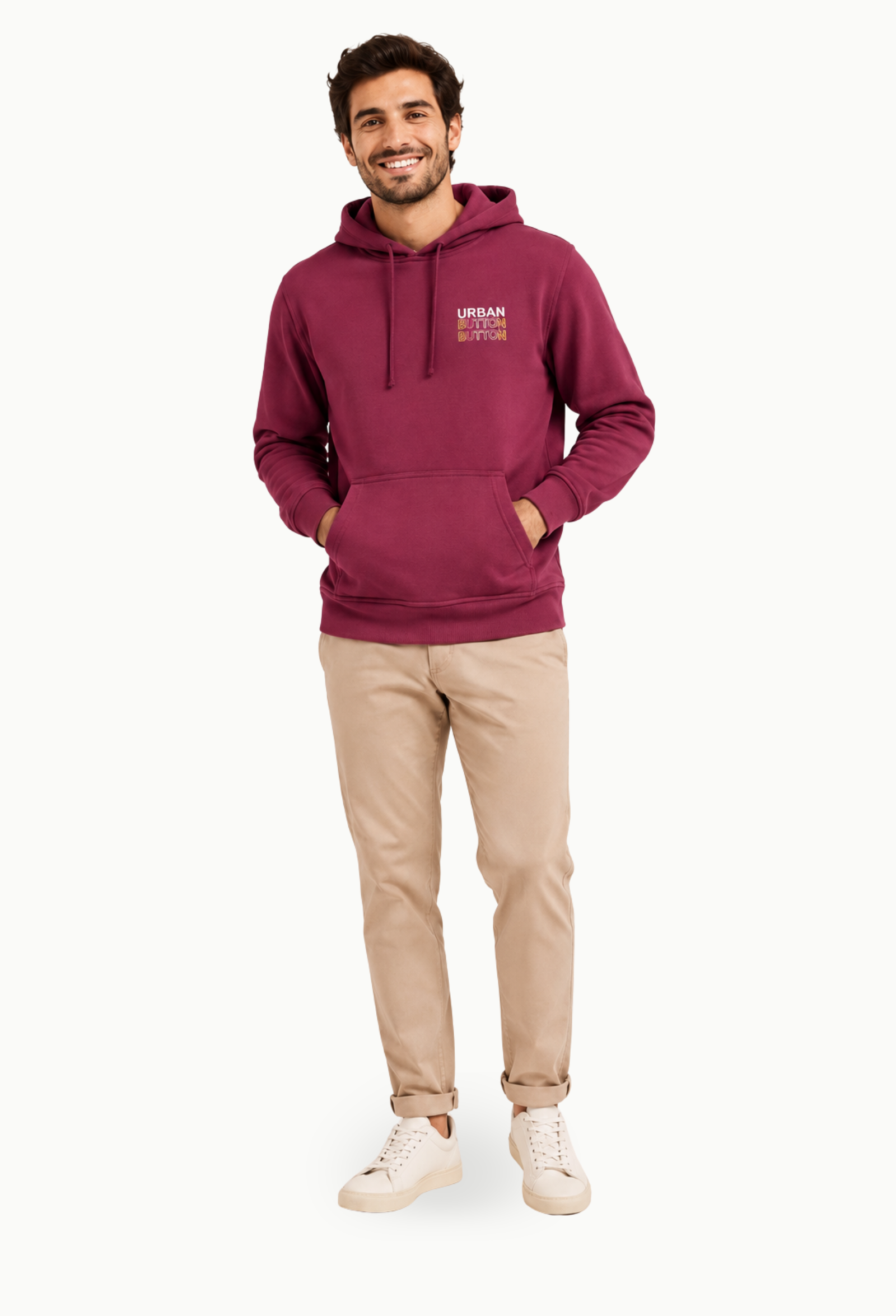 Sudadera Urban Button Hombre Burdeos con Capucha y Estampado Trasero - Imagen 2