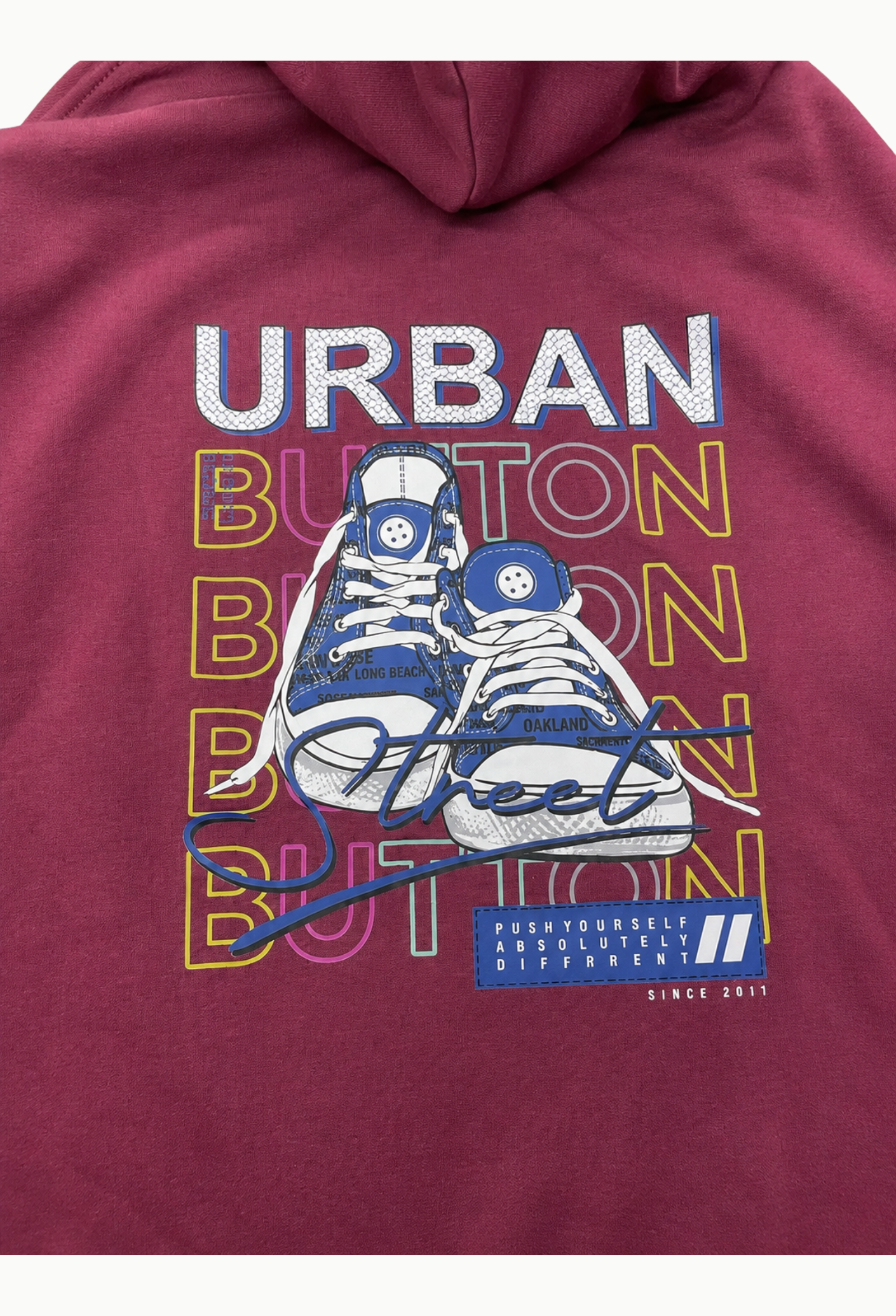 Sudadera Urban Button Hombre Burdeos con Capucha y Estampado Trasero - Imagen 5