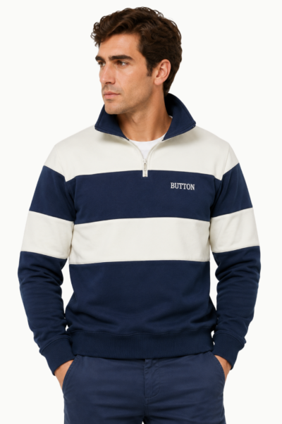 Sudadera Urban Button Hombre Azul Marino y Crudo con Media Cremallera