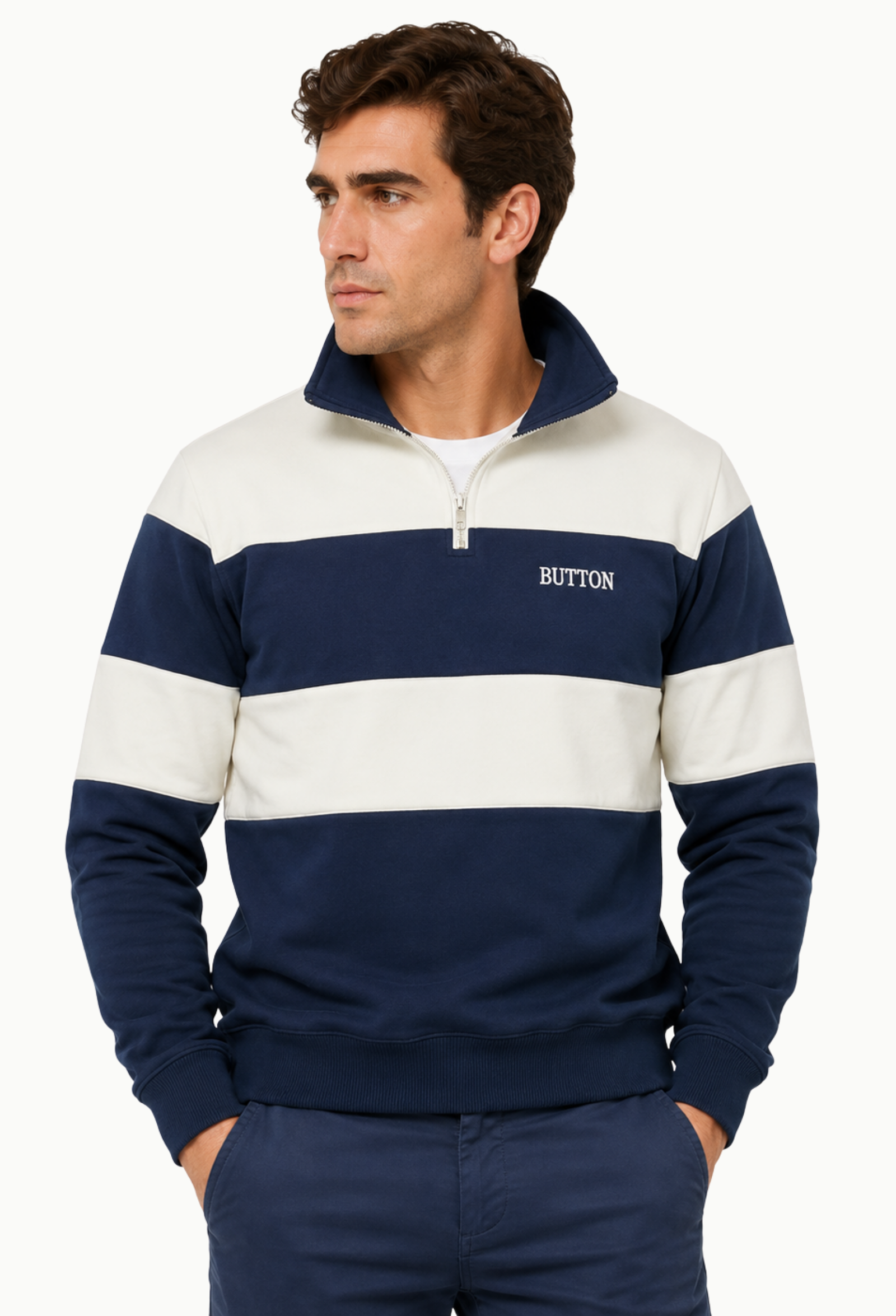 Sudadera Urban Button Hombre Azul Marino y Crudo con Media Cremallera