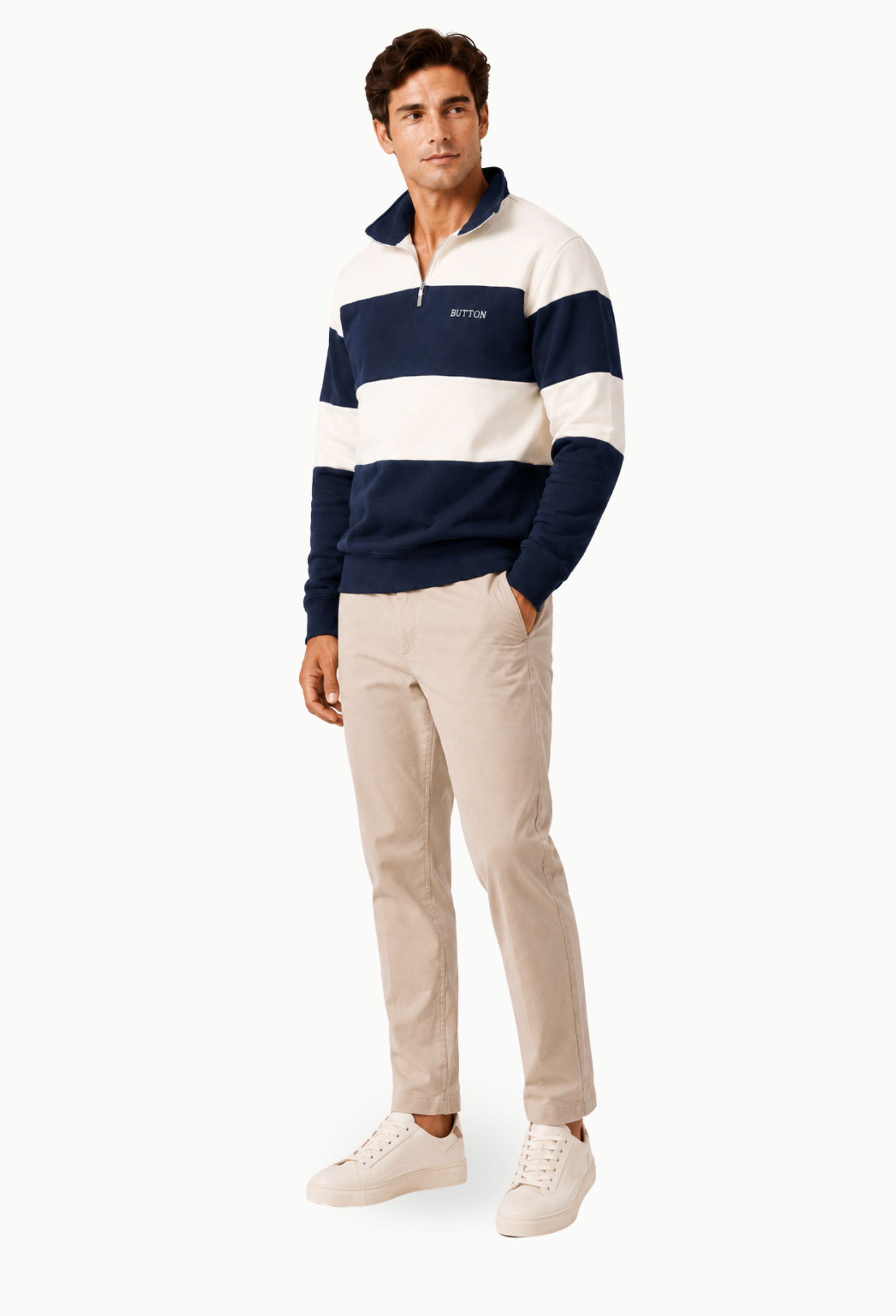 Sudadera Urban Button Hombre Azul Marino y Crudo con Media Cremallera - Imagen 2