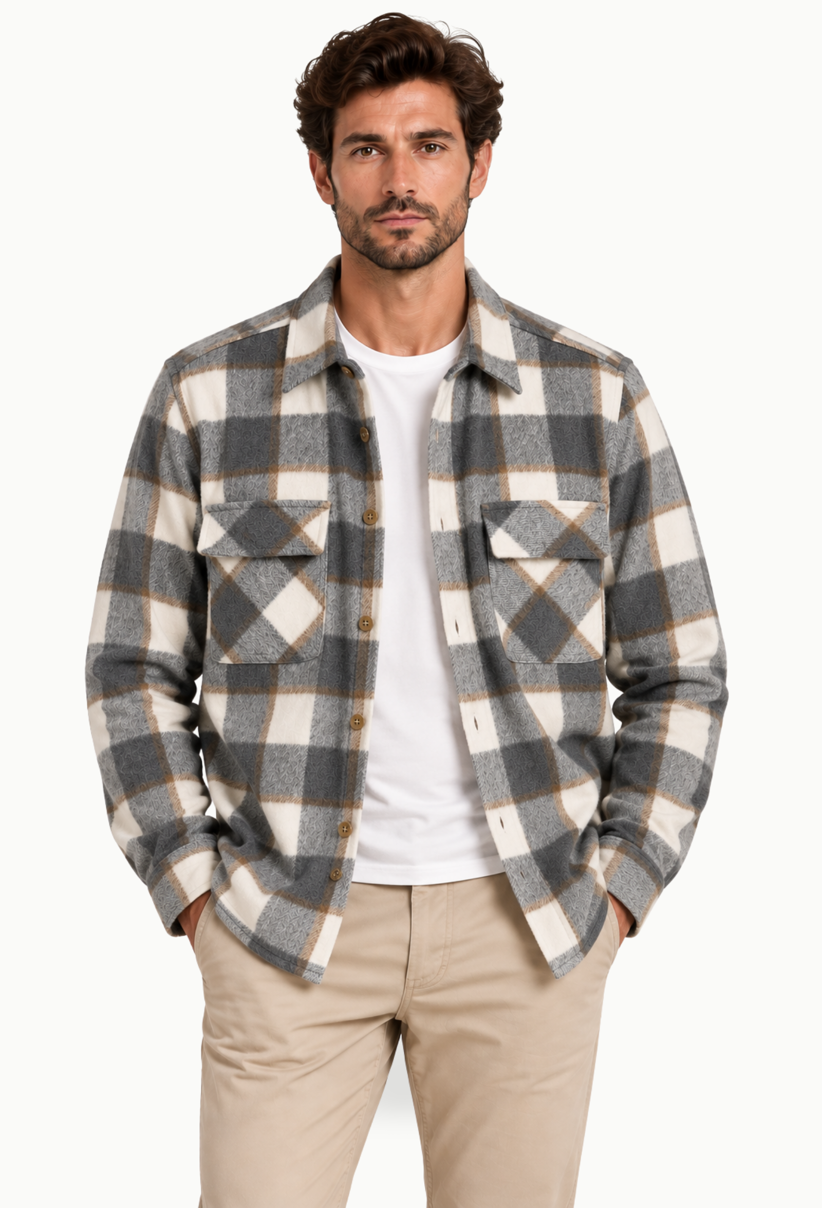 Sobrecamisa Hombre de Cuadros Gris y beige
