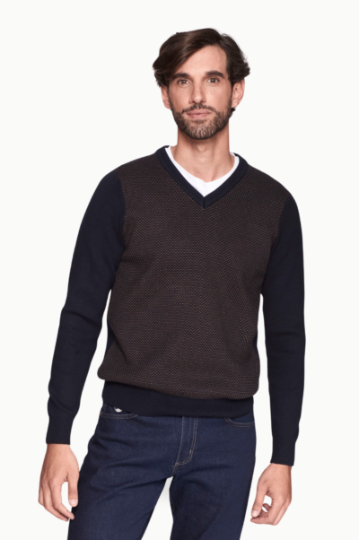 Jersey Hombre Cuello Pico Azul Marino y Marrón