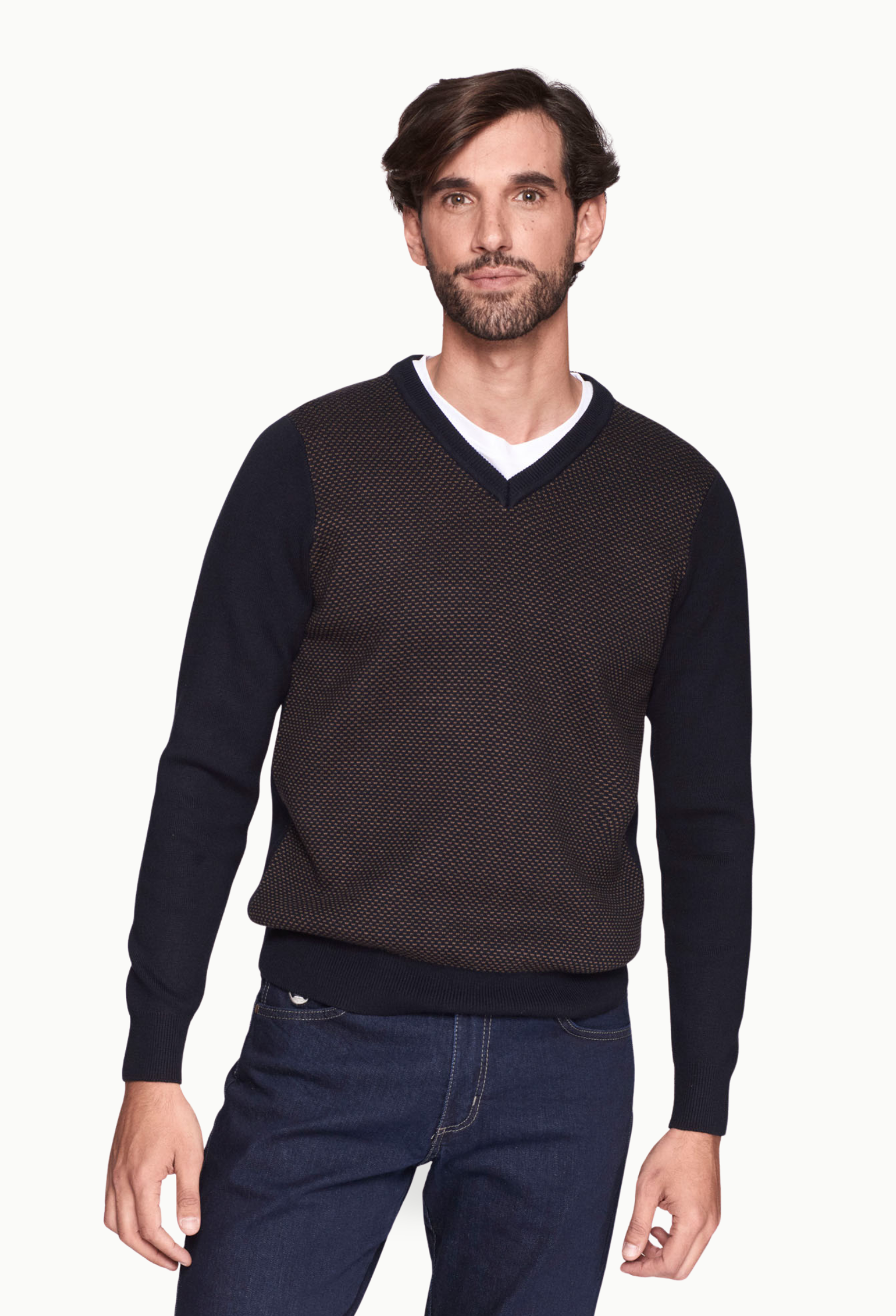 Jersey Hombre Cuello Pico Azul Marino y Marrón