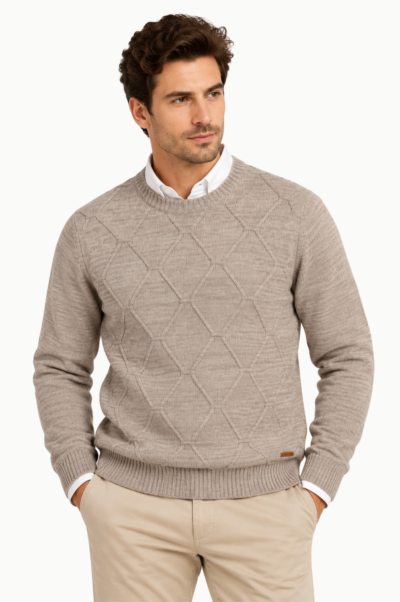 Jersey de Hombre Brown Jury Cuello Redondo con Dibujo de Rombos Beige