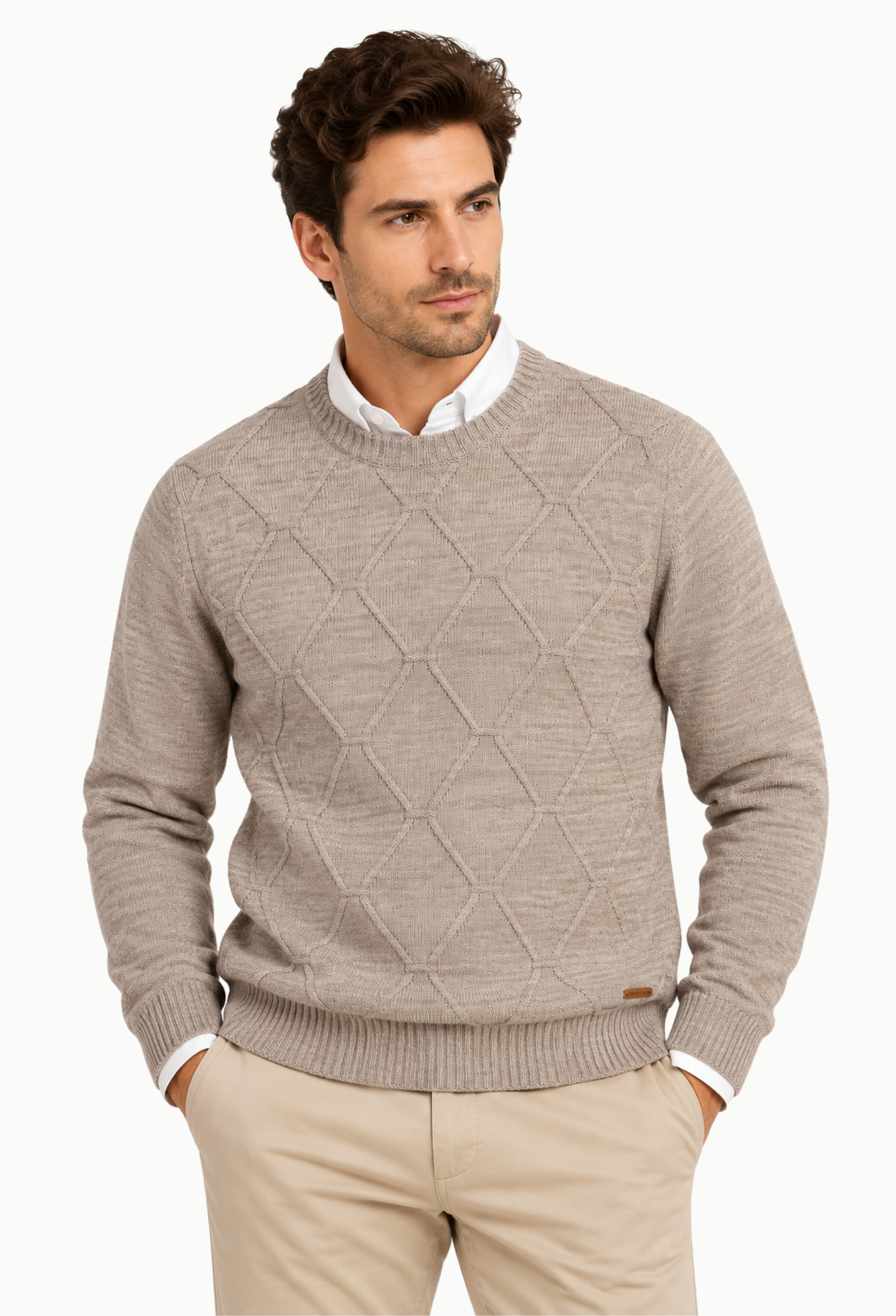 Jersey de Hombre Brown Jury Cuello Redondo con Dibujo de Rombos Beige